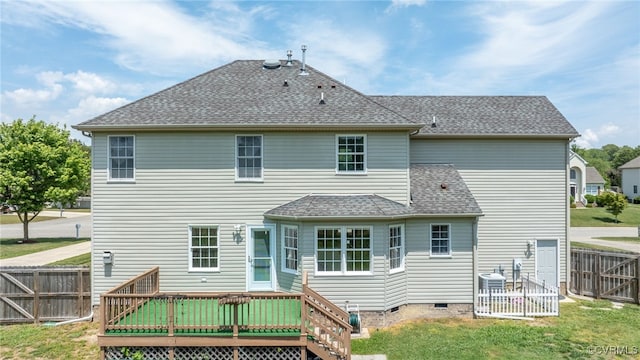 back of house featuring a wooden deck, crawl space, and roof with shingles