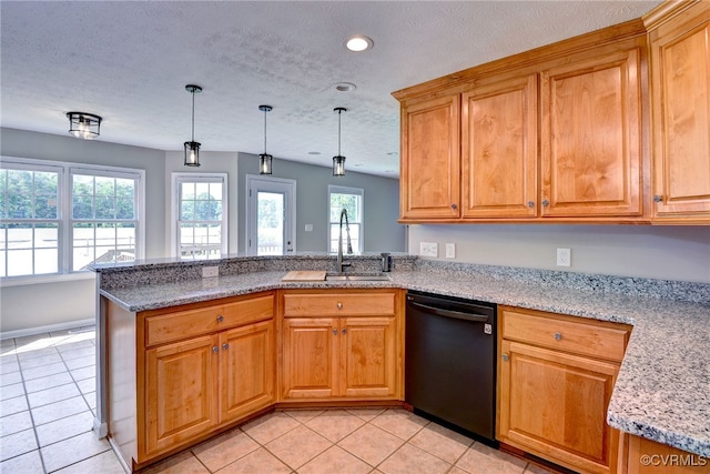 kitchen featuring dishwasher, a peninsula, light tile patterned flooring, hanging light fixtures, and recessed lighting