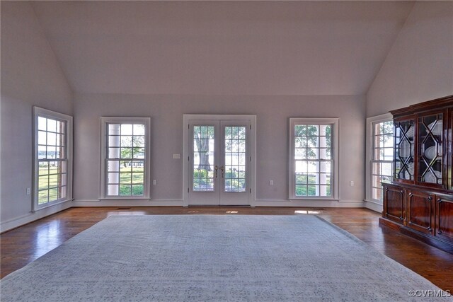 6454 Carmines Island Ln, Gloucester, VA 23072 - unfurnished living room featuring plenty of natural light, dark wood-type flooring, baseboards, high vaulted ceiling, and french doors