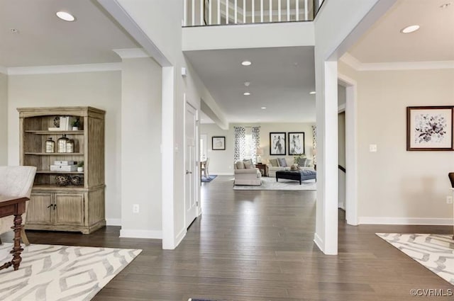 11 Abercrombie Dr, Chesterfield, VA 23838 - entryway with dark wood-style floors, baseboards, recessed lighting, and ornamental molding