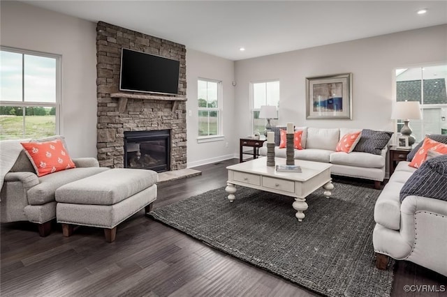 12 Abercrombie Dr, Chesterfield, VA 23838 - living room featuring wood finished floors, a stone fireplace, recessed lighting, and baseboards
