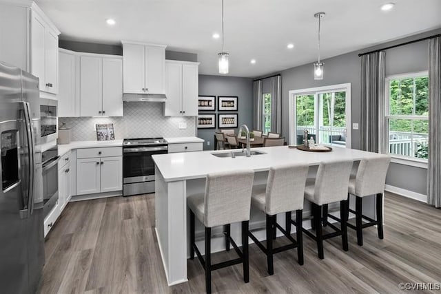 13 Abercrombie Dr, Chesterfield, VA 23838 - kitchen featuring stainless steel appliances, a sink, under cabinet range hood, a center island with sink, and light countertops