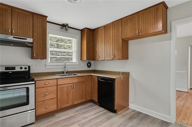 kitchen featuring electric range, a sink, dishwasher, under cabinet range hood, and light wood-style floors