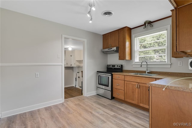 kitchen with stainless steel range with electric cooktop, a sink, under cabinet range hood, light wood finished floors, and brown cabinetry