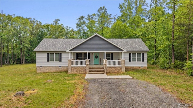 7570 Mount Zion Rd, Jetersville, VA 23083 - ranch-style house featuring crawl space, a porch, roof with shingles, and a front lawn