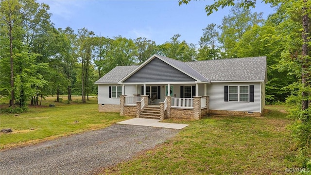 7570 Mount Zion Rd, Jetersville, VA 23083 - view of front of house with crawl space, covered porch, a front lawn, and roof with shingles