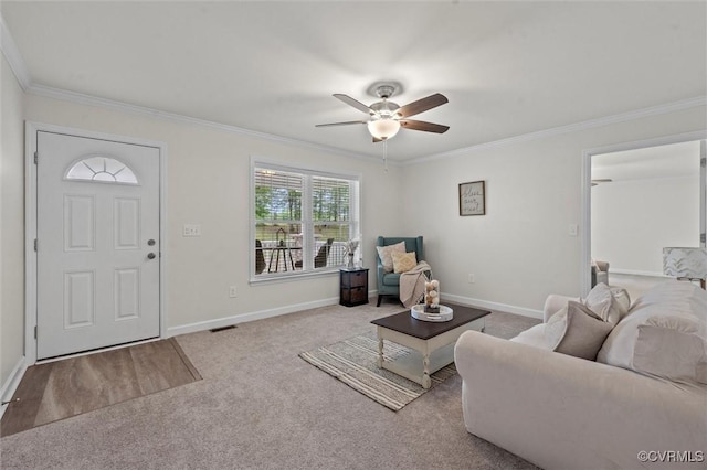 7570 Mount Zion Rd, Jetersville, VA 23083 - carpeted living room with ceiling fan, crown molding, and baseboards