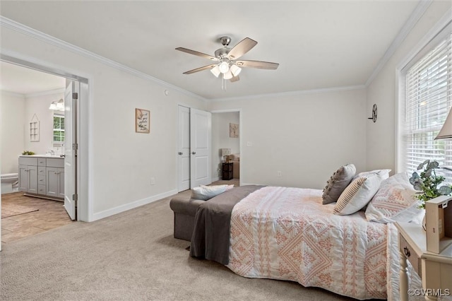 7570 Mount Zion Rd, Jetersville, VA 23083 - bedroom with light colored carpet, crown molding, baseboards, ensuite bath, and a ceiling fan