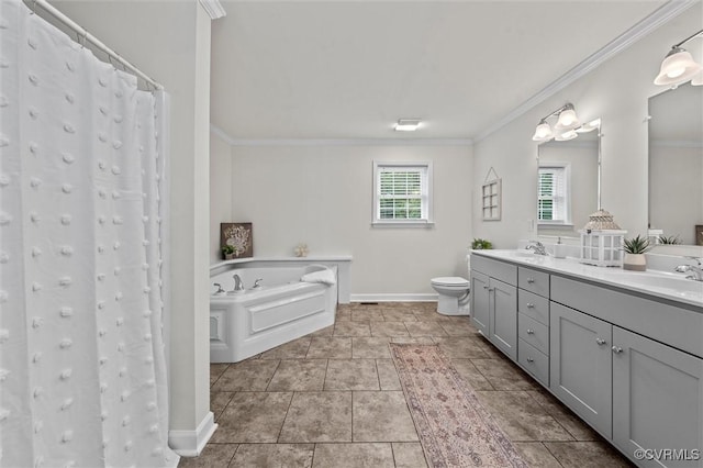 7570 Mount Zion Rd, Jetersville, VA 23083 - bathroom featuring baseboards, ornamental molding, toilet, double vanity, and curtained shower