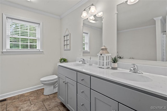 7570 Mount Zion Rd, Jetersville, VA 23083 - bathroom featuring baseboards, toilet, ornamental molding, double vanity, and tile patterned flooring
