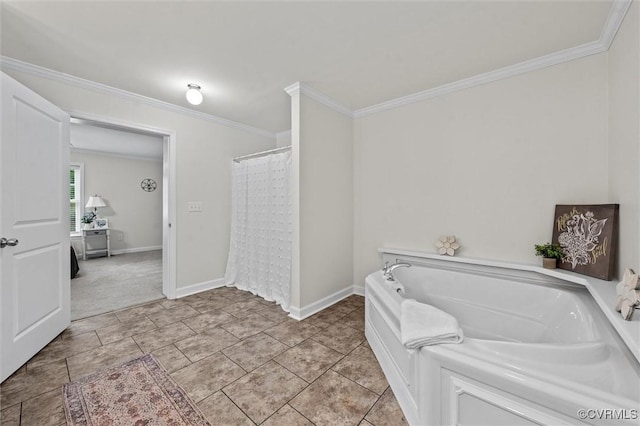 7570 Mount Zion Rd, Jetersville, VA 23083 - bathroom featuring ornamental molding, baseboards, a bath, and a shower with curtain
