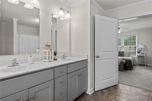 7570 Mount Zion Rd, Jetersville, VA 23083 - ensuite bathroom with ceiling fan, tile patterned floors, baseboards, ornamental molding, and double vanity