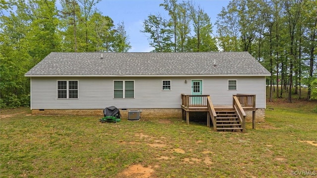 7570 Mount Zion Rd, Jetersville, VA 23083 - rear view of property featuring a deck, a lawn, roof with shingles, crawl space, and central AC unit