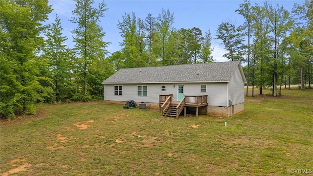 7570 Mount Zion Rd, Jetersville, VA 23083 - back of house featuring crawl space, a wooden deck, a lawn, and a shingled roof