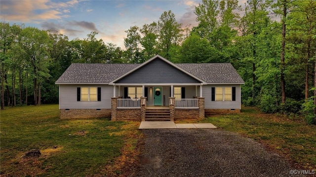 7570 Mount Zion Rd, Jetersville, VA 23083 - ranch-style house with crawl space, a porch, a front lawn, and roof with shingles