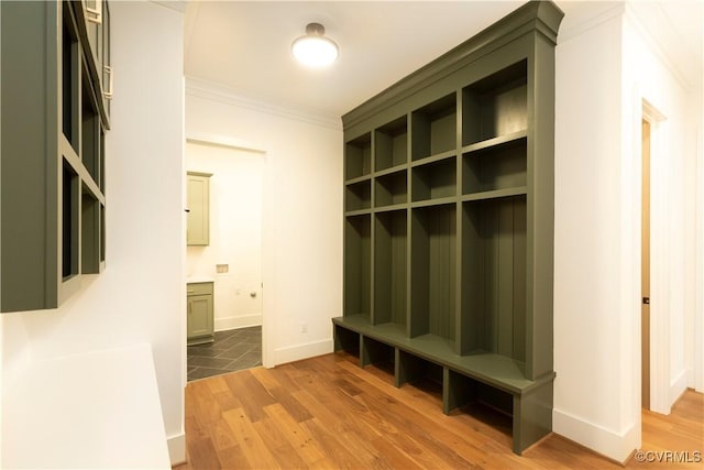 2005 Southcliff Rd, Richmond, VA 23225 - mudroom featuring ornamental molding, wood finished floors, and baseboards