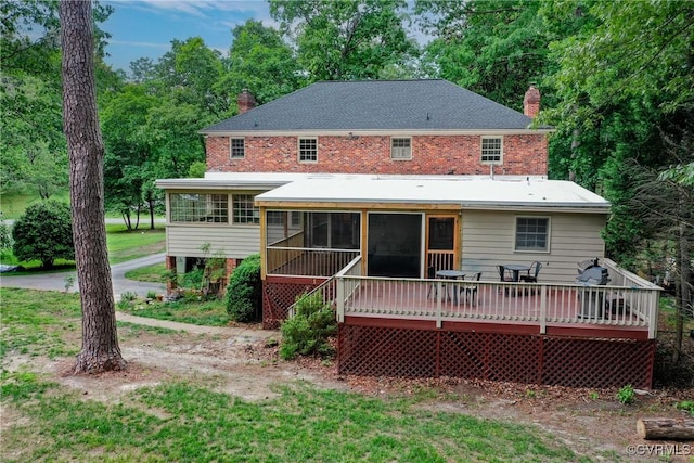 4709 Perdue St, Chester, VA 23831 - back of house featuring a sunroom, a chimney, and a wooden deck