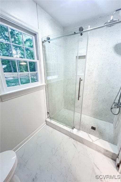 4709 Perdue St, Chester, VA 23831 - bathroom with a shower stall, toilet, baseboards, and marble finish flooring