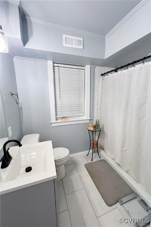 4709 Perdue St, Chester, VA 23831 - bathroom featuring toilet, ornamental molding, vanity, a shower with curtain, and marble finish flooring