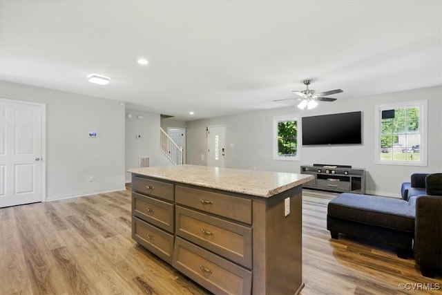 3704 Burnham Dr, Hopewell, VA 23860 - kitchen featuring open floor plan, ceiling fan, light wood-style flooring, a center island, and recessed lighting