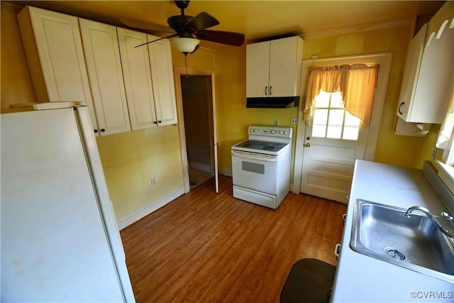 612 S Broad St, Kenbridge, VA 23944 - kitchen featuring white appliances, a sink, under cabinet range hood, ceiling fan, and light wood finished floors