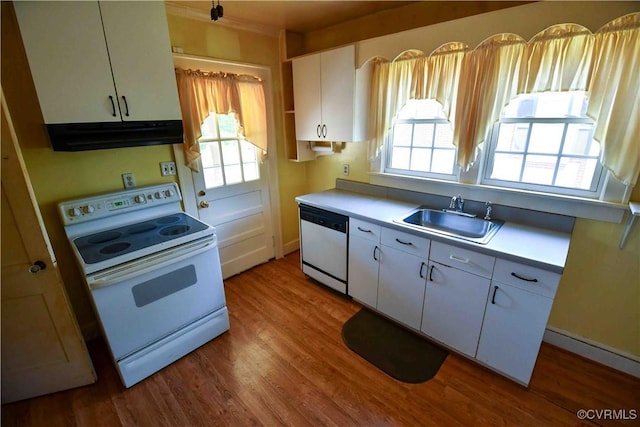 612 S Broad St, Kenbridge, VA 23944 - kitchen with white appliances, a sink, under cabinet range hood, white cabinets, and wood finished floors