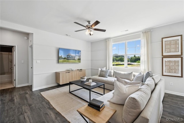7006 Sanguine Mews, Chesterfield, VA 23234 - living room featuring a ceiling fan, dark wood-type flooring, and baseboards