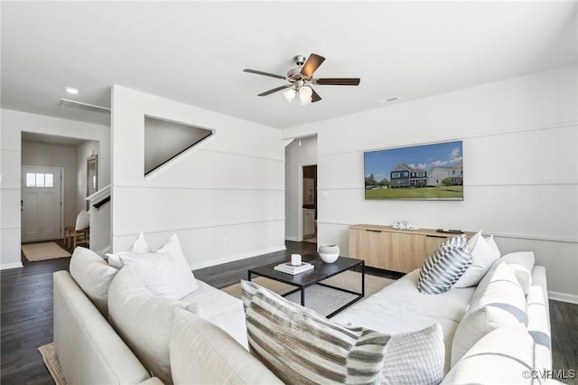 7006 Sanguine Mews, Chesterfield, VA 23234 - living area featuring a ceiling fan, dark wood finished floors, and baseboards