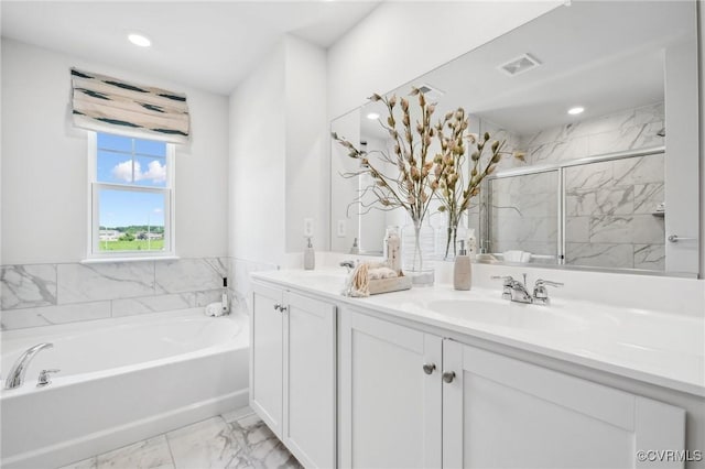 7006 Sanguine Mews, Chesterfield, VA 23234 - bathroom featuring marble look tiles, a marble finish shower, double vanity, a garden tub, and recessed lighting