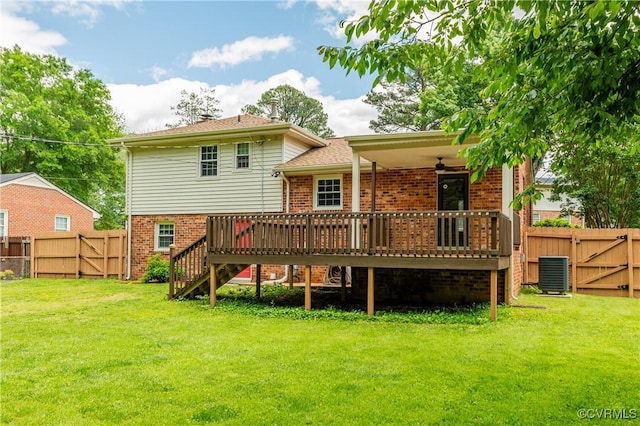 2206 Milbank Rd, Glen Allen, VA 23229 - rear view of house featuring a gate, a ceiling fan, brick siding, a wooden deck, and central air condition unit