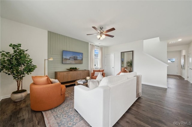 7007 Sanguine Mews, Chesterfield, VA 23234 - living area featuring dark wood finished floors, a ceiling fan, and baseboards
