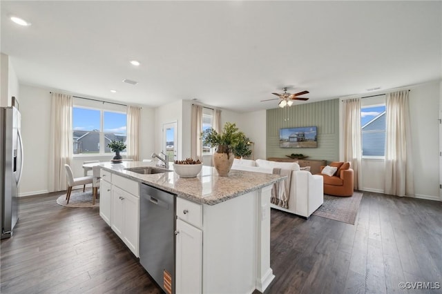7007 Sanguine Mews, Chesterfield, VA 23234 - kitchen with a sink, stainless steel appliances, ceiling fan, dark wood-style floors, and white cabinets