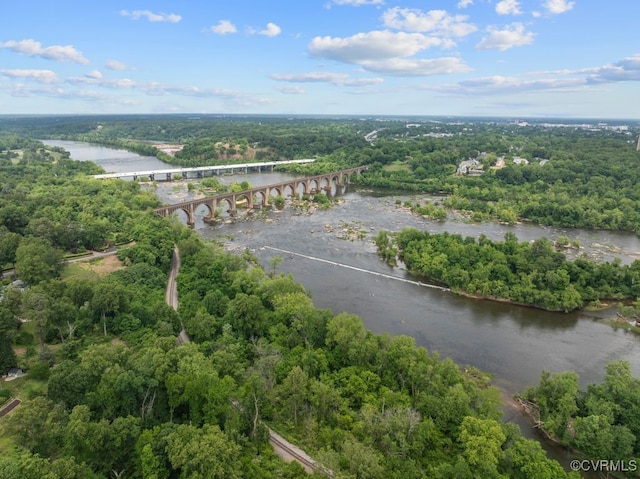 bird's eye view of a notable bridge, a large body of water, and a heavily wooded area