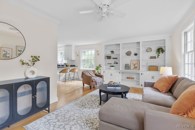 living area featuring crown molding, light wood finished floors, and a ceiling fan