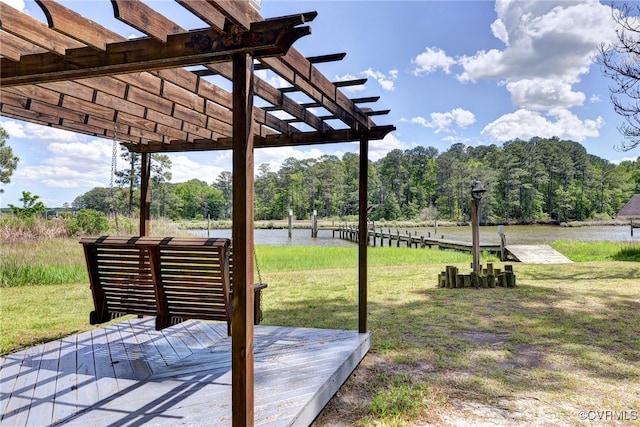 7814 O Neil Rd, Gloucester, VA 23061 - view of green lawn with a pergola, view of wooded area, and a deck with water view