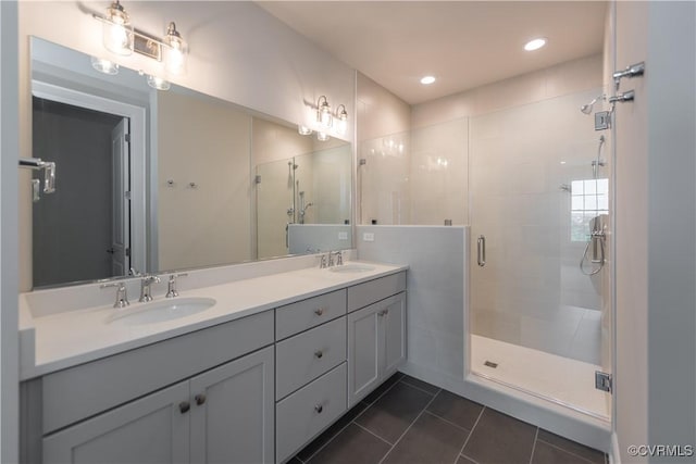 3325 Haydenpark Ln, Henrico, VA 23233 - full bath with tile patterned flooring, a stall shower, double vanity, and recessed lighting