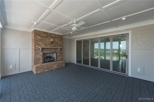 3327 Haydenpark Ln, Henrico, VA 23233 - unfurnished living room featuring a ceiling fan, a decorative wall, crown molding, a wainscoted wall, and a fireplace
