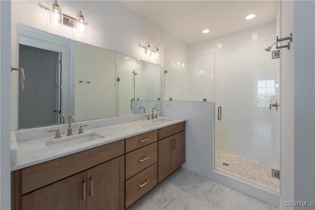 3327 Haydenpark Ln, Henrico, VA 23233 - full bathroom featuring double vanity, marble look tiles, a stall shower, and recessed lighting