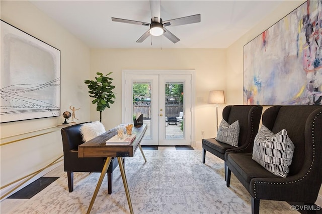 home office featuring french doors, ceiling fan, and wood finished floors