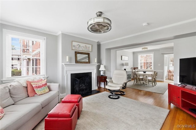 living area with crown molding, light wood-style flooring, a fireplace with flush hearth, and baseboards