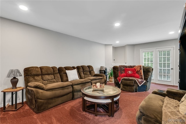 living room with carpet flooring and recessed lighting