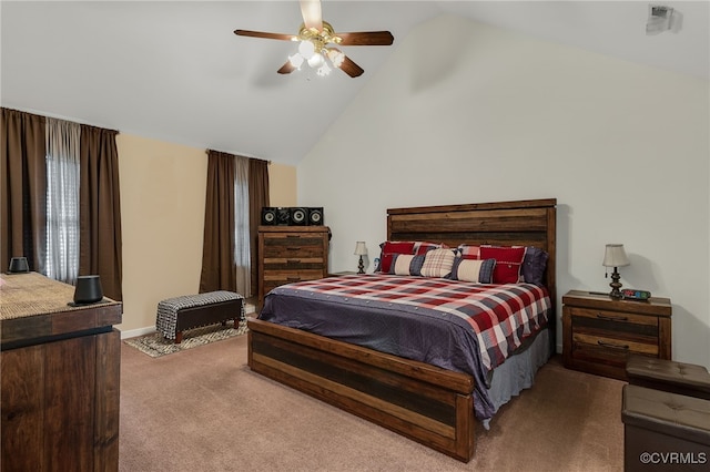 bedroom featuring carpet floors, high vaulted ceiling, and ceiling fan