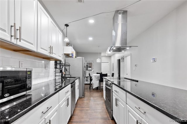 1201 W Broadway, Hopewell, VA 23860 - kitchen with stainless steel appliances, range hood, dark wood-style flooring, white cabinetry, and recessed lighting