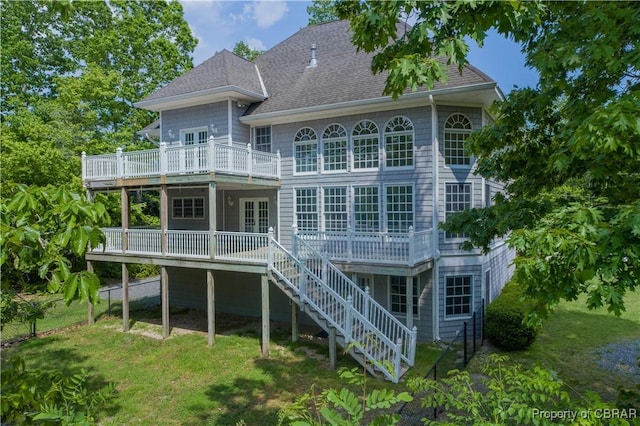 319 Parrotts Cove Rd, Water View, VA 23180 - back of property with a deck, a shingled roof, a lawn, french doors, and stairs