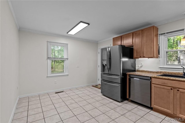 kitchen featuring stainless steel dishwasher, black refrigerator with ice dispenser, a sink, ornamental molding, and light tile patterned floors