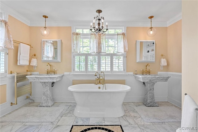 204 College Ave, Ashland, VA 23005 - full bath featuring a soaking tub, plenty of natural light, marble finish floors, and ornamental molding