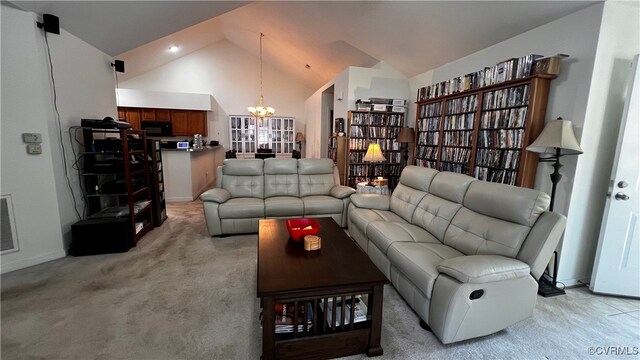 7211 Norwood Pond Ct, Midlothian, VA 23112 - living area with a chandelier, lofted ceiling, light carpet, and baseboards