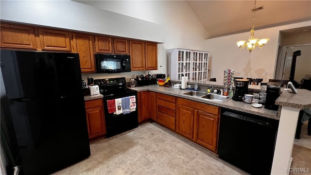 7211 Norwood Pond Ct, Midlothian, VA 23112 - kitchen with black appliances, a peninsula, a sink, brown cabinets, and high vaulted ceiling
