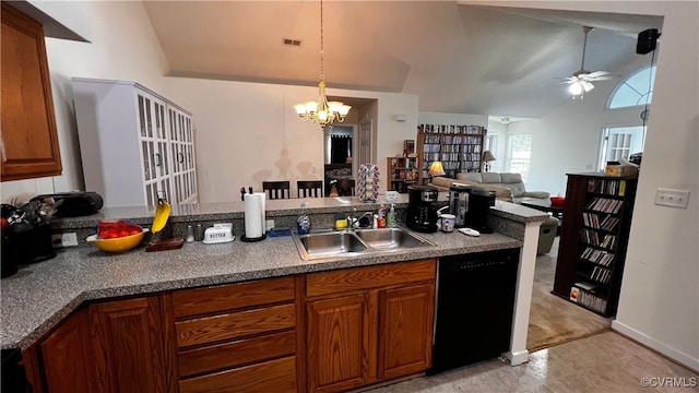 7211 Norwood Pond Ct, Midlothian, VA 23112 - kitchen featuring a sink, black dishwasher, lofted ceiling, a ceiling fan, and brown cabinetry