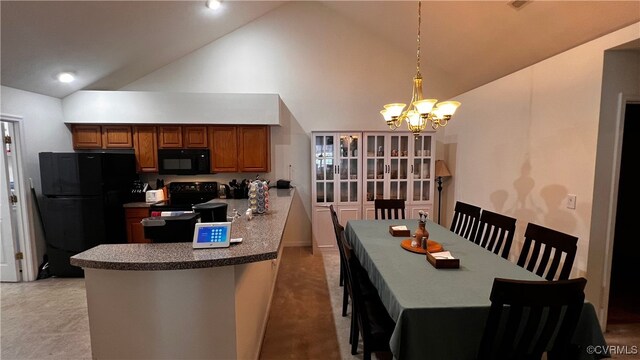 7211 Norwood Pond Ct, Midlothian, VA 23112 - kitchen with black appliances, a chandelier, brown cabinets, a peninsula, and high vaulted ceiling